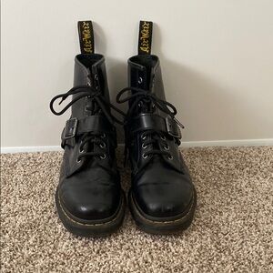Black Leather Lace-Up Boots with Buckle